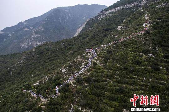 当日，来自山西阳泉、大同等地的志愿者，在崛围山国家登山健身步道拉起300多米的红丝带，沿途向路人讲解艾滋病预防常识，并倡导包容身边的艾滋病患者和感染者。　李响 摄